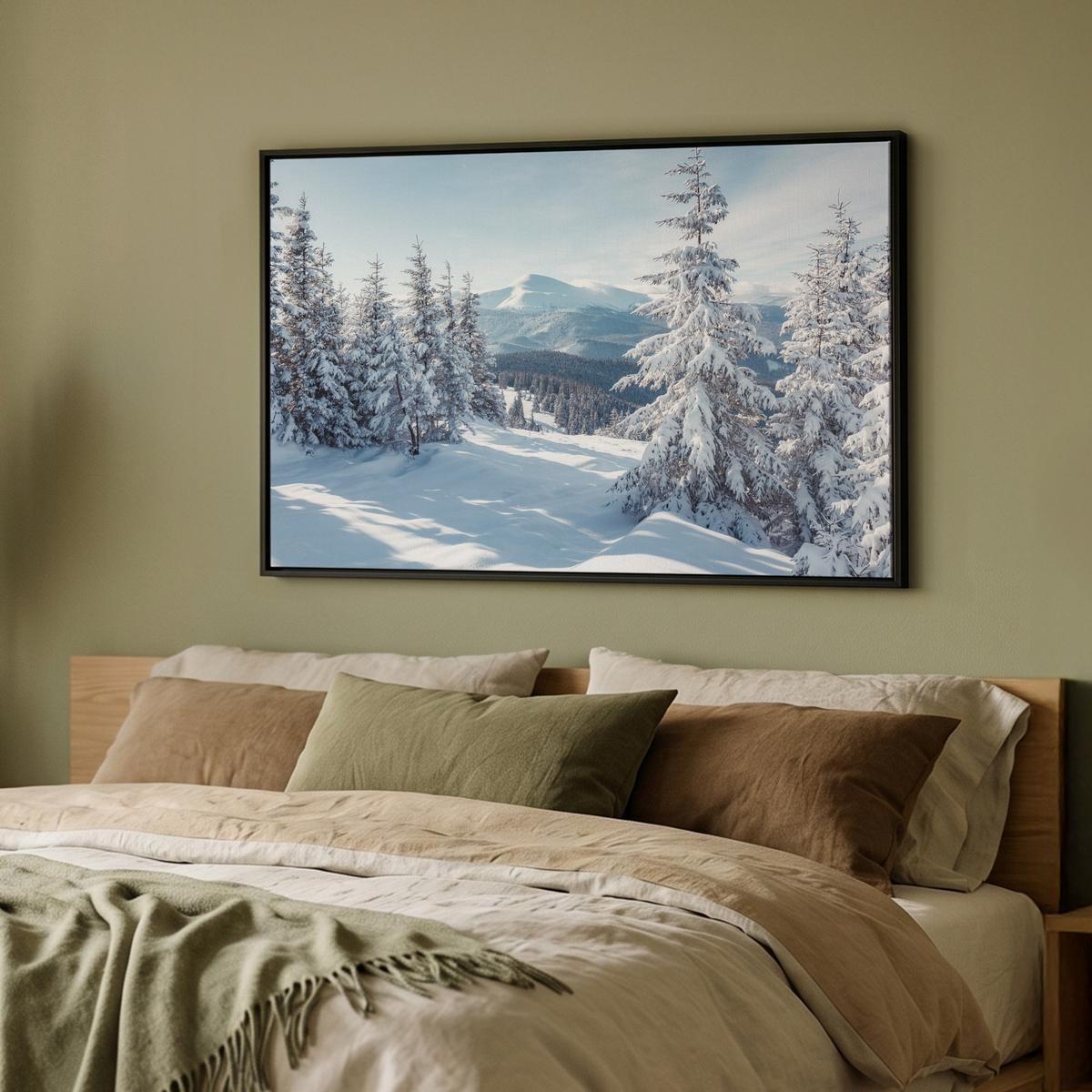 LEINWAND Bilder mit Rahmen - Winterlandschaft - Natur - Berge - Bäume - Schnee - 90x60 - Hellblau, Textil (90/60cm) - MuchoWow