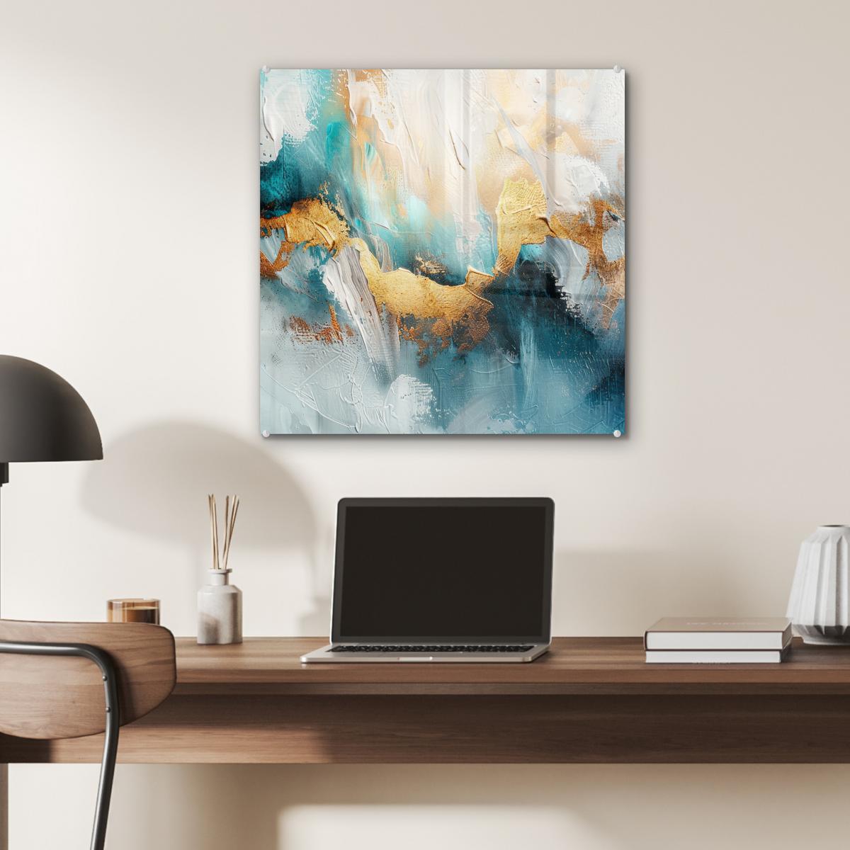 ACRYLGLASBILD Abstrakt - Kunst - Gold - Blau 50x50 cm - Petrol, Glas (50/50cm) - MuchoWow