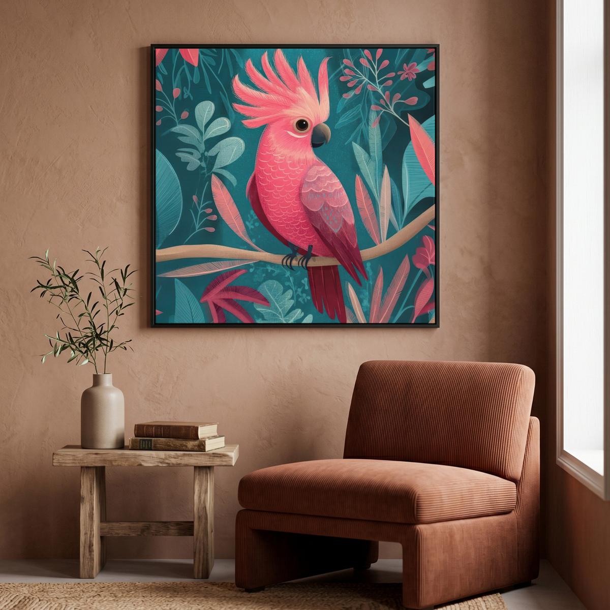 LEINWAND Bilder mit Rahmen - Kakadu - Tropische Blätter - Zweig - 90x90 - Petrol, Textil (90/90cm) - MuchoWow