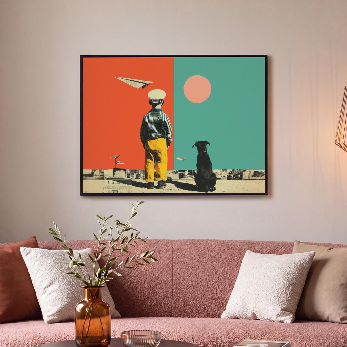 LEINWAND Bilder mit Rahmen - Retro - Junge - Hund - Rot - Grün - 80x60 - Orange, Textil (80/60cm) - MuchoWow