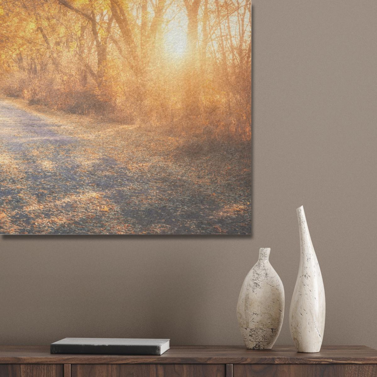 AKUSTIKBILD Wald - Herbst - Bäume - Waldweg - Natur Gemälde 80x60 cm - Bernsteinfarben, Kunststoff (80/60/0.9cm) - MuchoWow