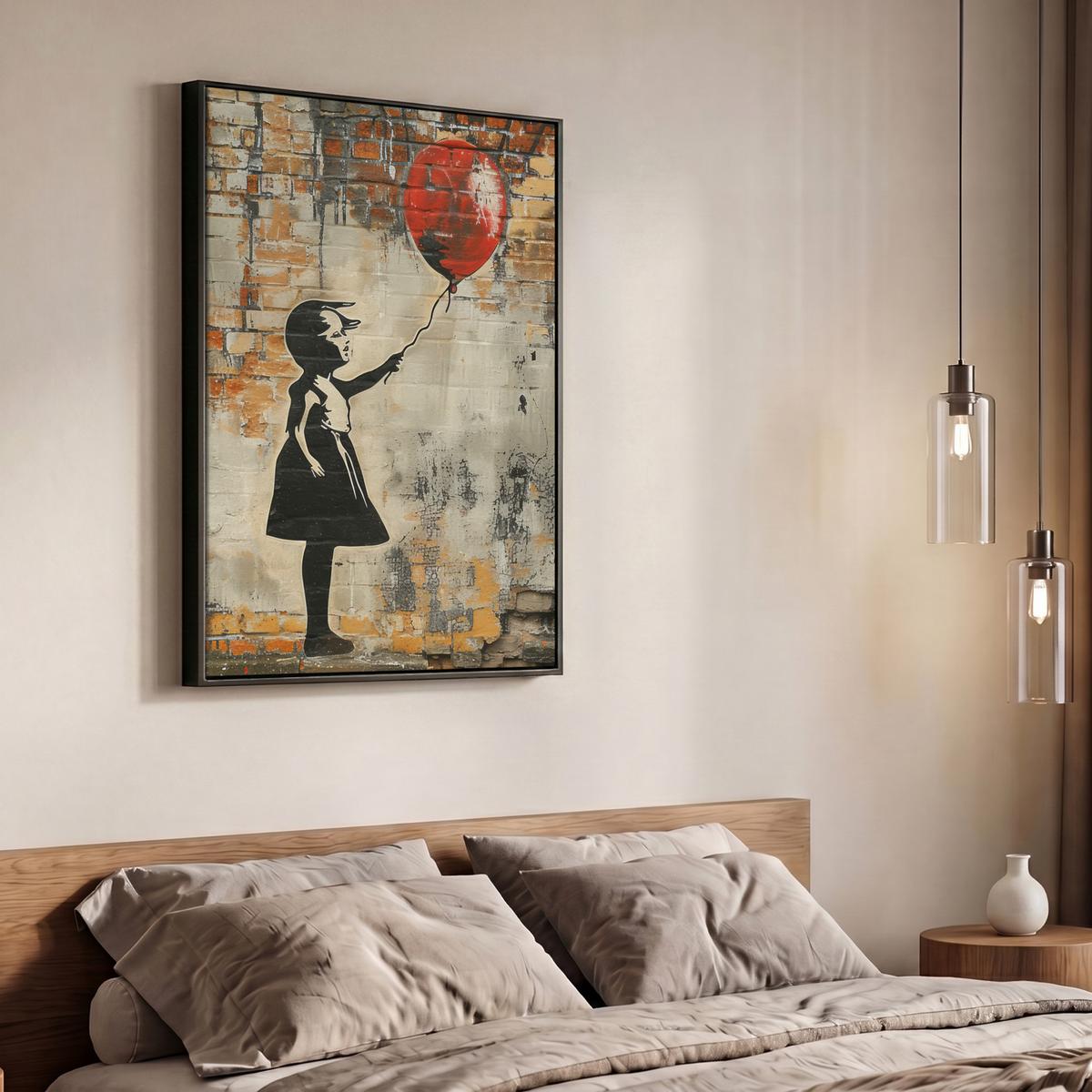 LEINWAND Bilder mit Rahmen - Graffiti - Banksy - Mädchen - Straßenkunst - 70x100 - Sandfarben, Textil (70/100cm) - MuchoWow