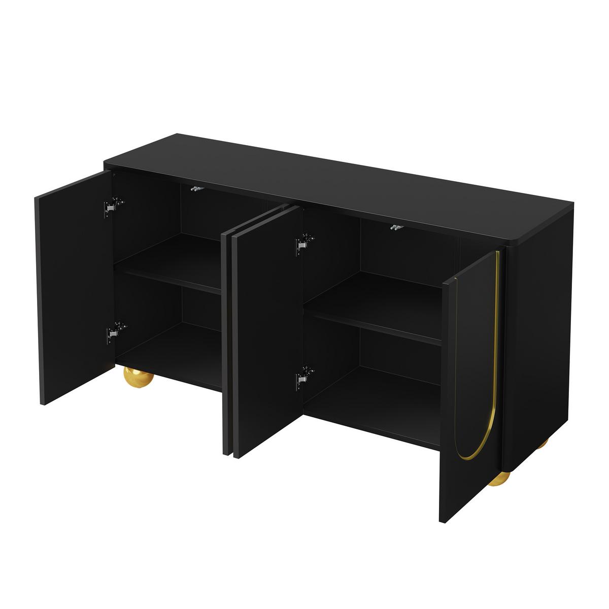 SIDEBOARD 140cm Schwarz mit Gold-Bogen-Dekor, 4 Türen & Kugel-Füßen - Schwarz, Holzwerkstoff (140/74/40cm) - Urban Meuble