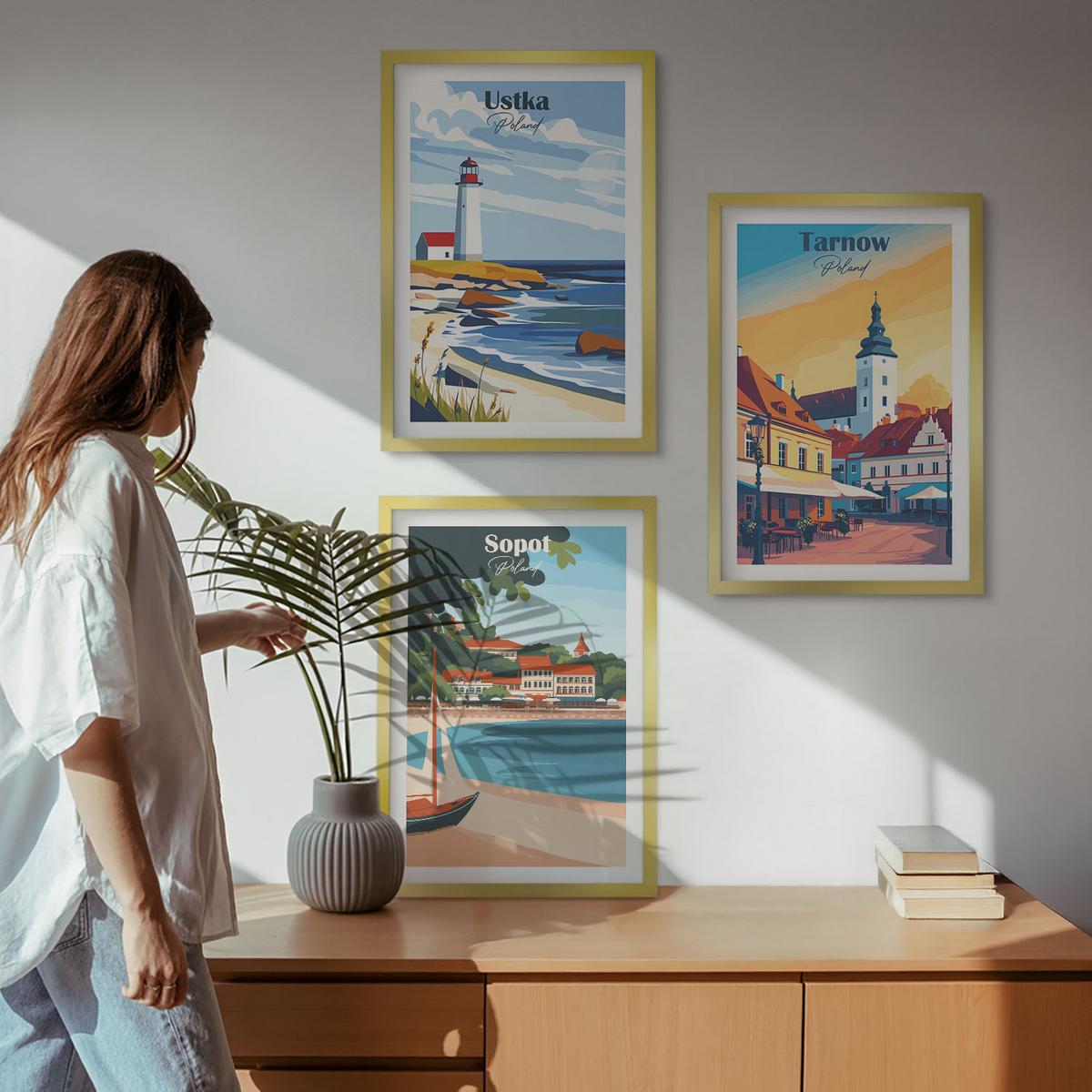 BILDER SET 3er Set - 40x60 cm Goldrahmen - Stadtansichten Ustka Tarnów Sopot - Goldfarben, Kunststoff (40/60cm) - TULUP