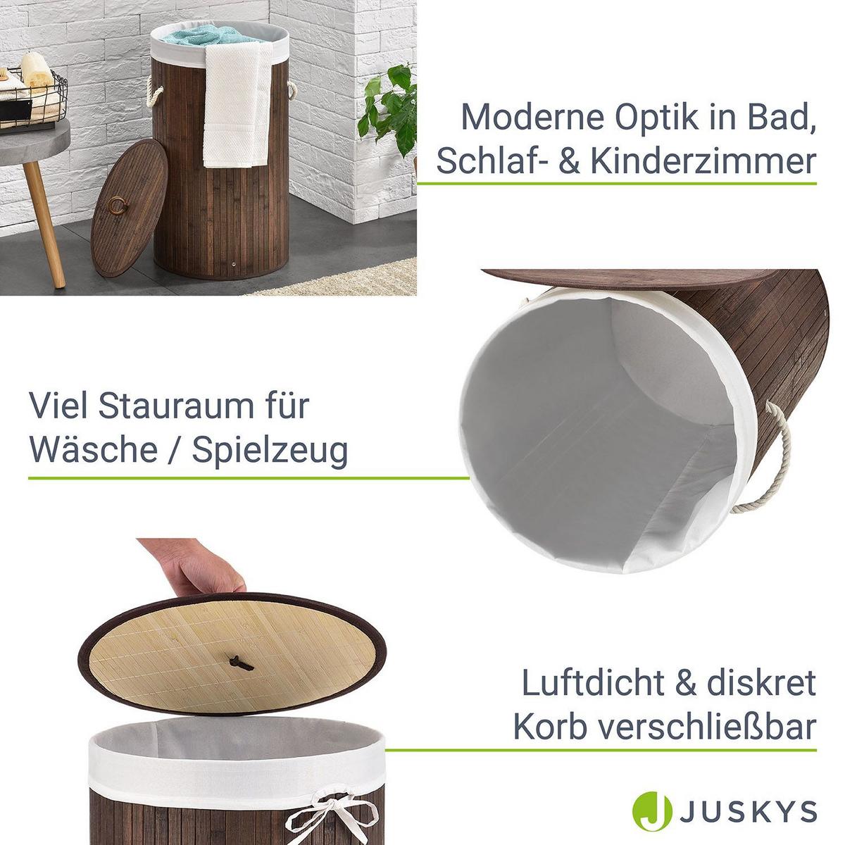 WÄSCHEKORB Curly-Round 55 L natur - Braun, Holz (35/60/35cm) - Juskys