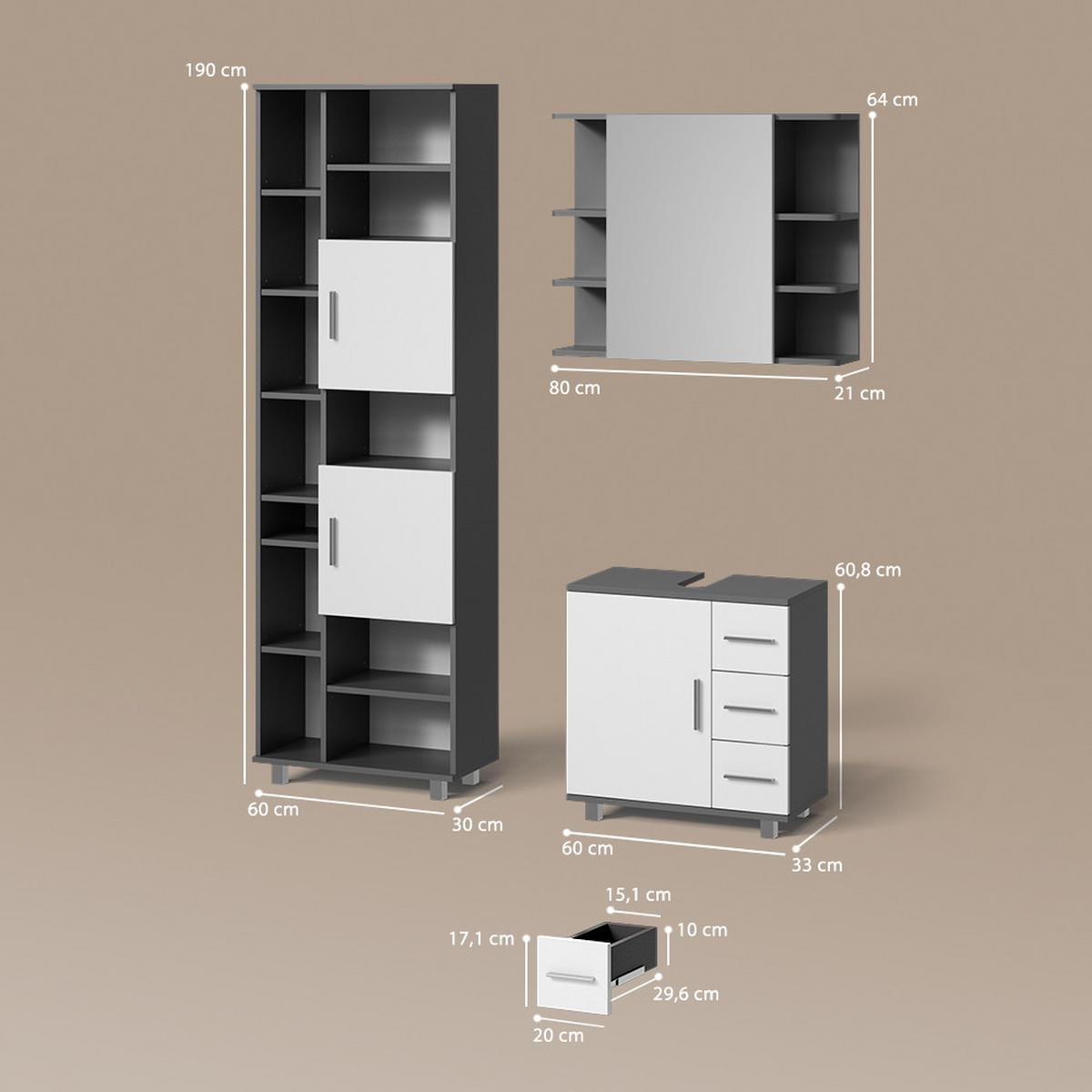 BADMÖBEL-SET Eisak Anthrazit 3 Teile, mit Hochschrank - Anthrazit, Holzwerkstoff (60/60/33cm) - Livinity®