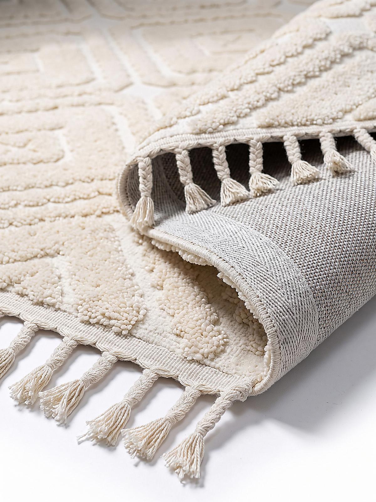 TEPPICH Hochflor, mit Fransen, TALLA, in Creme, Rautenmuster, 133 x 190 cm - Beige, Textil (133/190cm) - KADIMA DESIGN