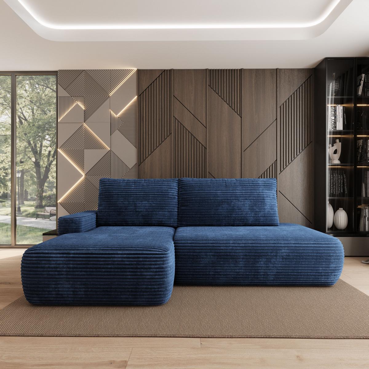 ECKSOFA AVINI T L-S Blau Kordstoff mit Schlaffunktion - Blau, Holzwerkstoff/Textil (277/160cm) - MASSENO