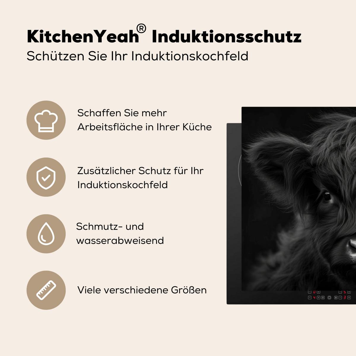 HERDABDECKPLATTE Scottish Highlander - Schwarz - Kalb - Kuh Induktionsmatte 71x52 cm - Schwarz, Kunststoff (71/52/0.2cm) - MuchoWow