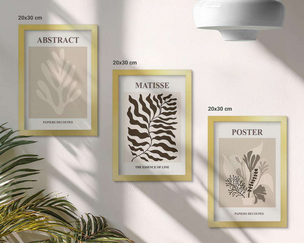 BILDER SET 3er Set - 20x30 cm Goldrahmen - Beige-braune Pflanzenmuster - Goldfarben, Kunststoff (20/30cm) - TULUP