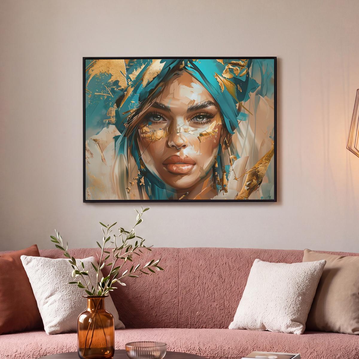 LEINWAND Bilder mit Rahmen - Frau - Porträt - Gold - Luxus - Blau - 80x60 - Türkis, Textil (80/60cm) - MuchoWow