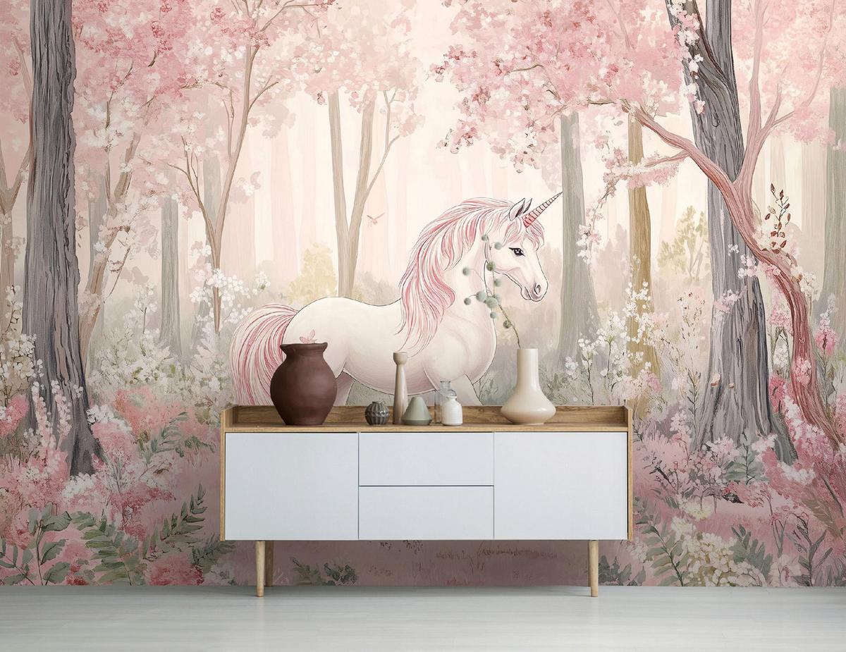 FOTOTAPETE Kinderzimmer Mädchen Einhorn Wald 150x105 - Multicolor, Papier (150/105cm) - Wallarena