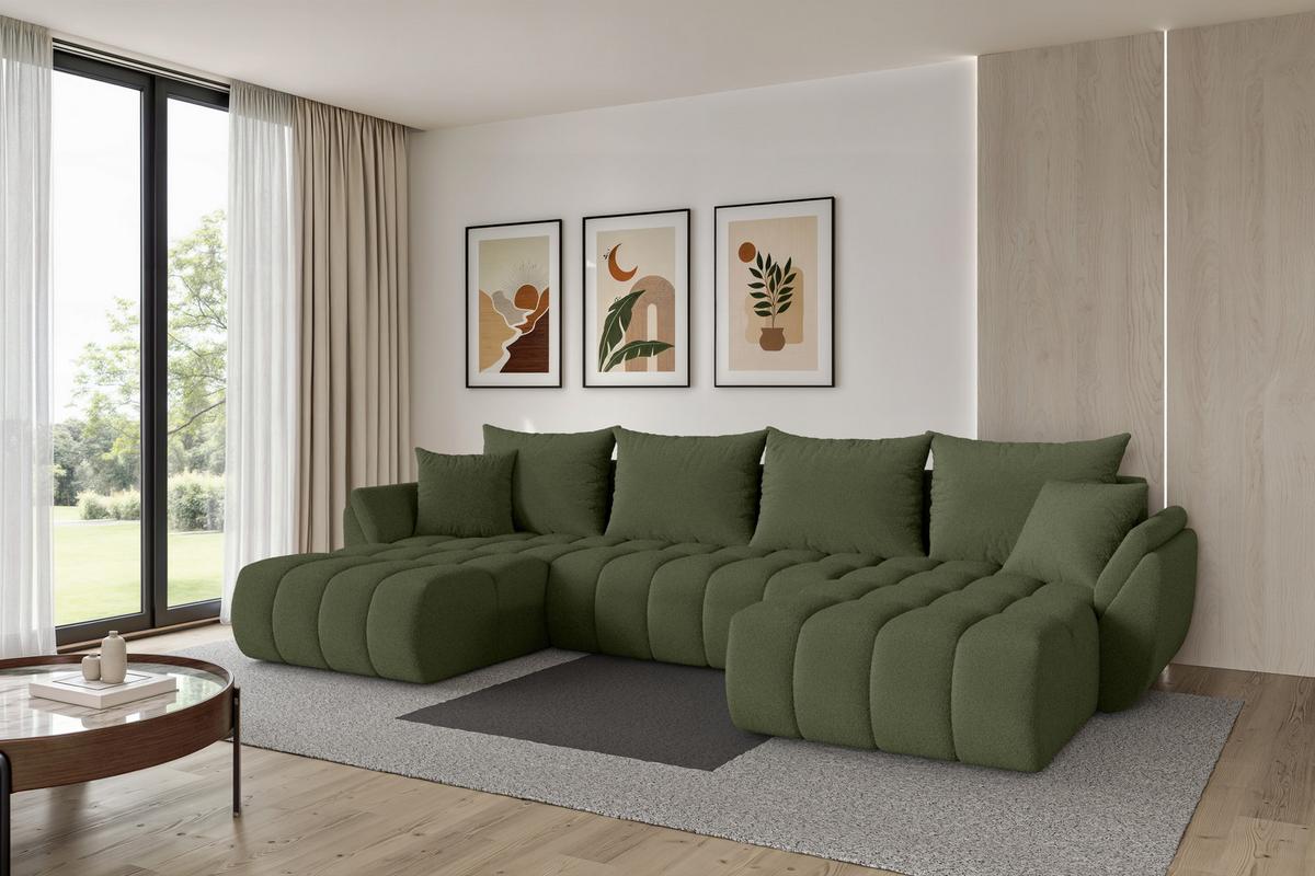 WOHNLANDSCHAFT mit Schlaffunktion und Bettkasten TOKO-U-v1 378x194x86 Grün Bouclé - Schwarz/Olivgrün, Holzwerkstoff/Kunststoff (378/86/194cm) - ALTDECOR