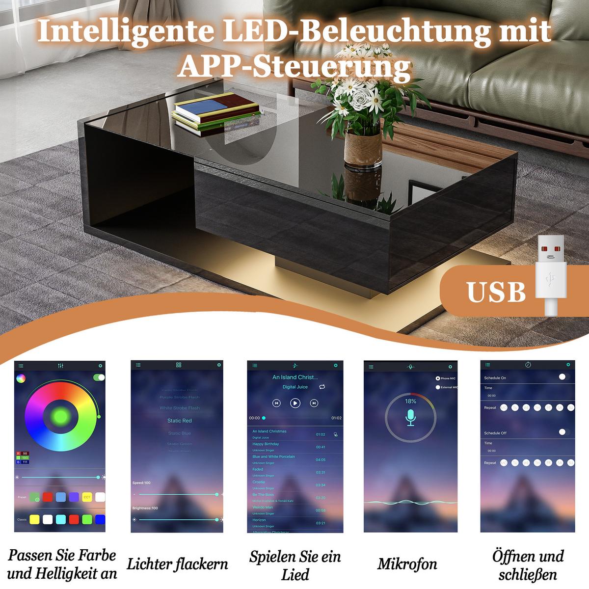 COUCHTISCH Hochglanz Schwarz mit Glas, LED-Beleuchtung & Stauraum - Schwarz, Holzwerkstoff (55/105/32.5cm) - Urban Meuble