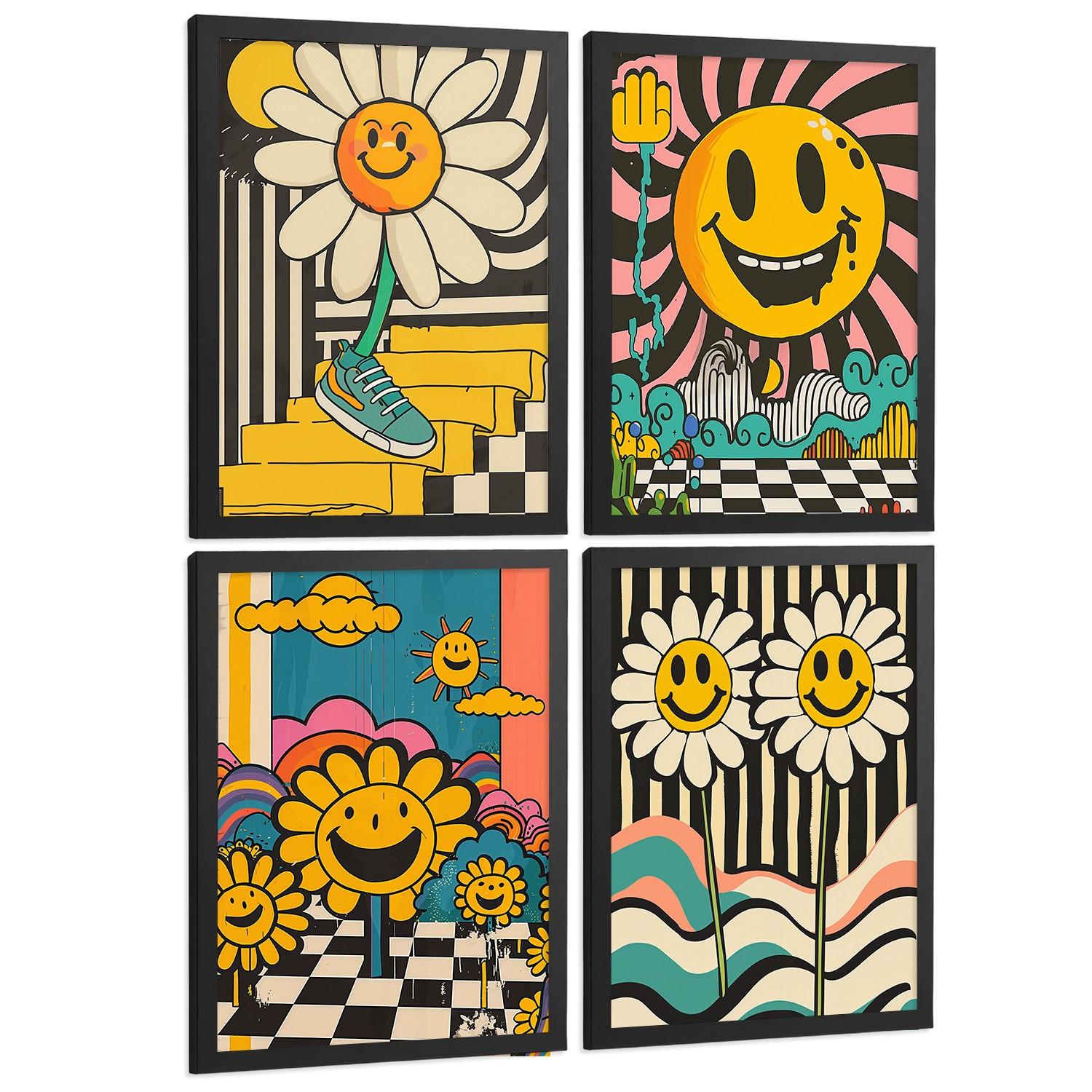 POSTER 4er Kunstdruck-Set Wandbilder Smiley Acid House modern Wohnzimmer Deko, Schlafzimmer, Küche, Badezimmer Schwarzer Rahmen A3 - Schwarz, Papier (29.7/1/42cm) - Nacnic