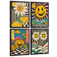 POSTER 4er Kunstdruck-Set Wandbilder Smiley Acid House modern Wohnzimmer Deko, Schlafzimmer, Küche, Badezimmer Schwarzer Rahmen A3 - Schwarz, Papier (29.7/1/42cm) - Nacnic