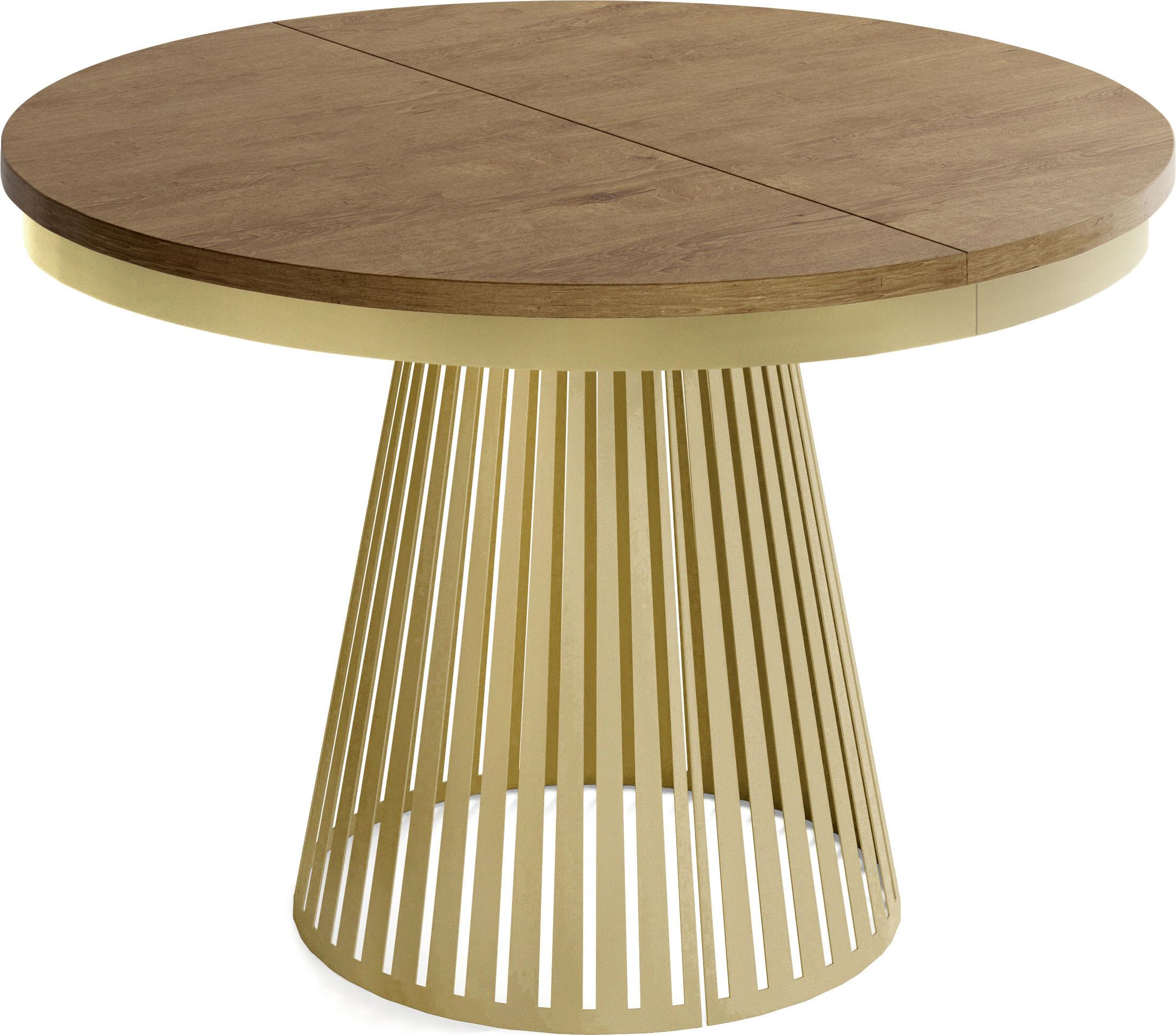 ESSTISCH Naro rund ausziehbar mit Goldem Lamellen-Metallgestell, Eiche Braun Rustikal 100-180/100/76 cm - Alteiche/Goldfarben, Holzwerkstoff/Metall (100/180/76cm) - WFL GROUP