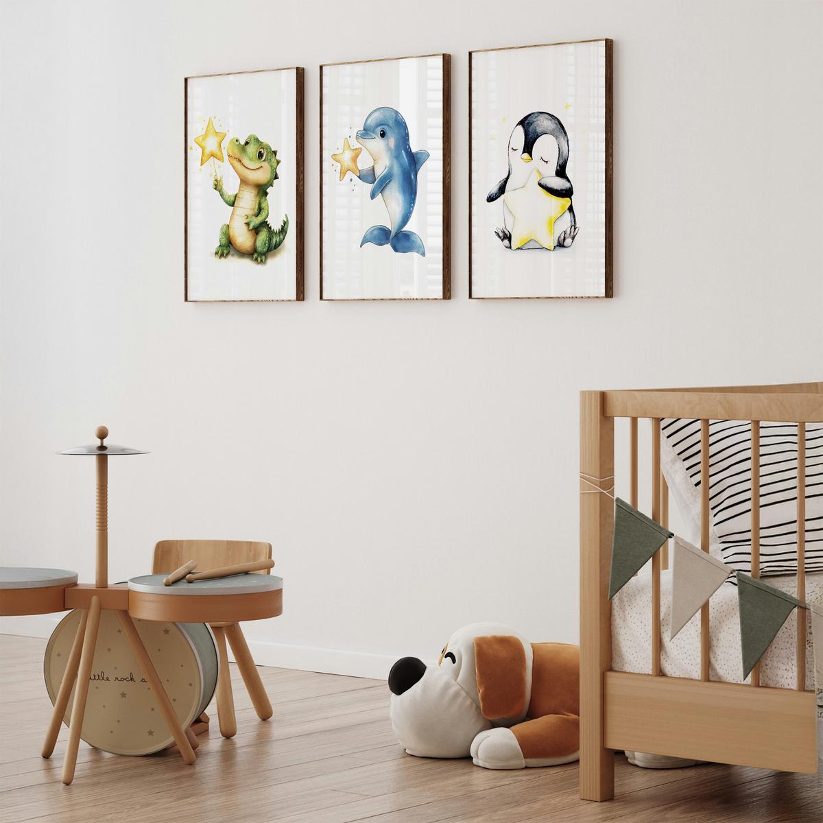POSTER SET für Kinderzimmer TIERE Sterne Krokodil Delfin Pinguin A3 30x42cm - Gelb/Schwarz, Papier (30/42/1cm) - Muralo