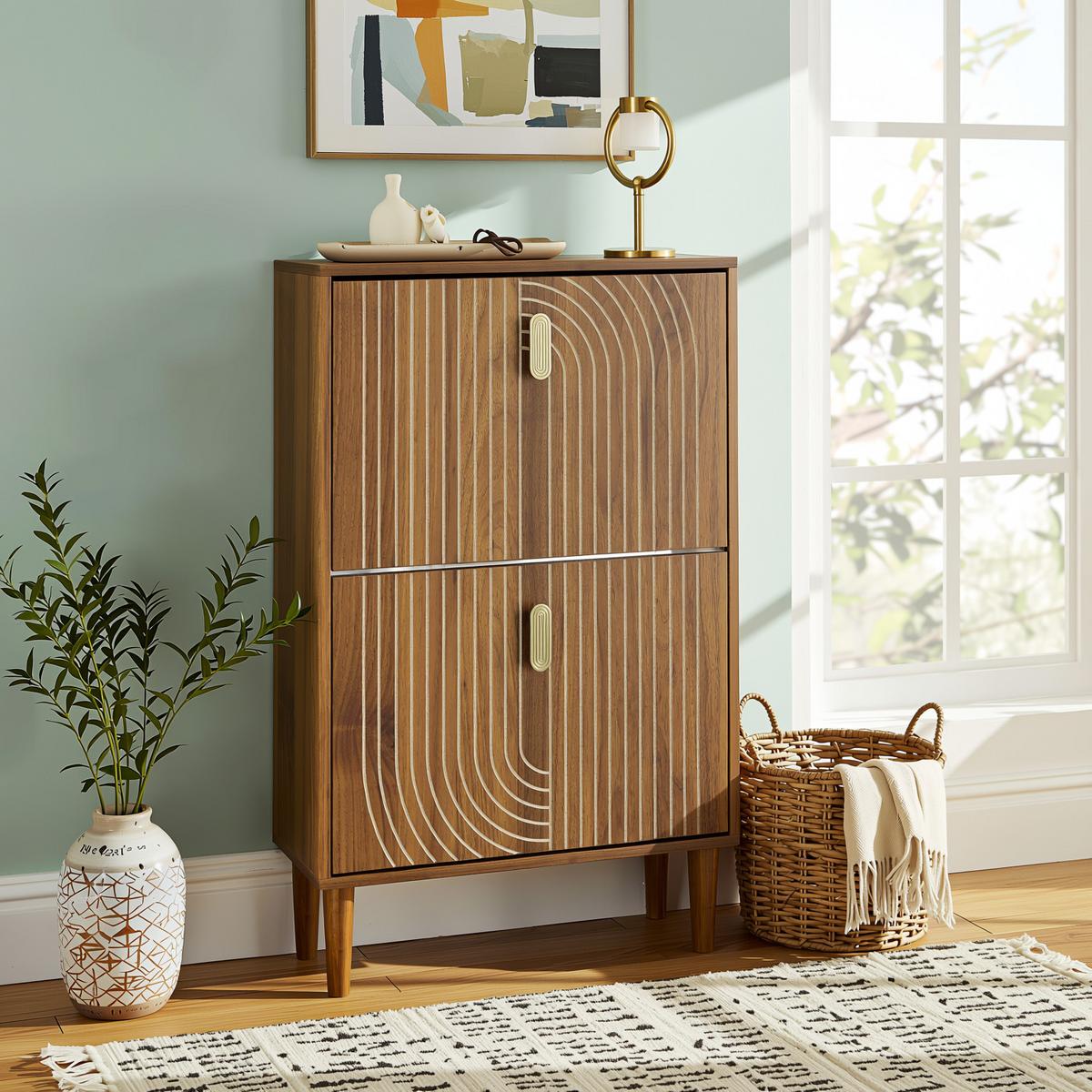 SCHUHSCHRANK 60 cm Braun mit 2 Klappfächern, Rillenfront und Metallgriff für Flur - Braun, Holzwerkstoff (60/96/24cm) - Urban Meuble