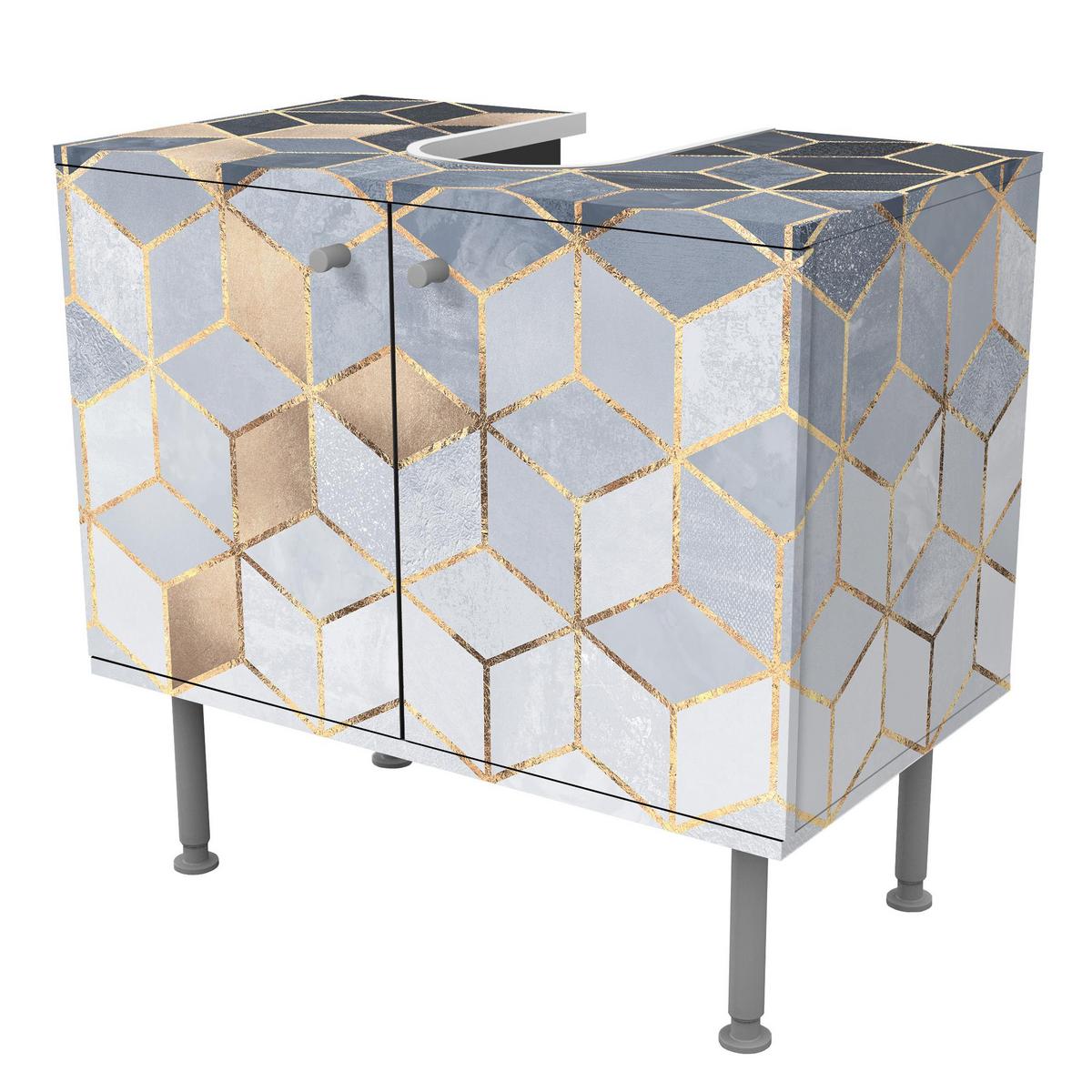 WASCHBECKENUNTERSCHRANK Blau Weiß goldene Geometrie 60/55/35 cm - Goldfarben, Holzwerkstoff (60/55/35cm) - Bilderwelten