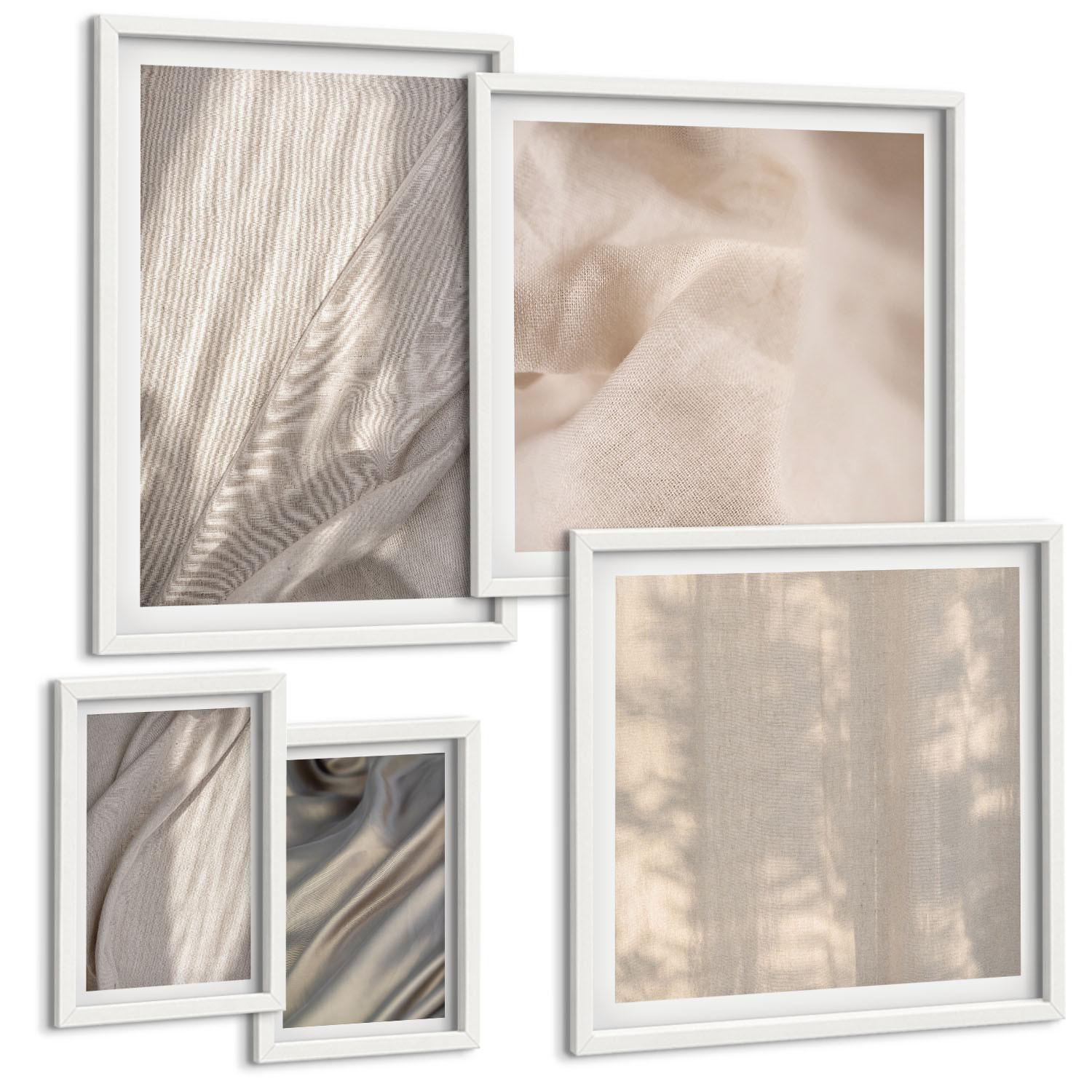 BILDER SET 5er Set - 50x50 cm & 20x30 cm & 40x60 cm Weißer Rahmen - Nahaufnahme von natürlichen Boho-Stoffen - Weiß, Kunststoff (40/60cm) - TULUP