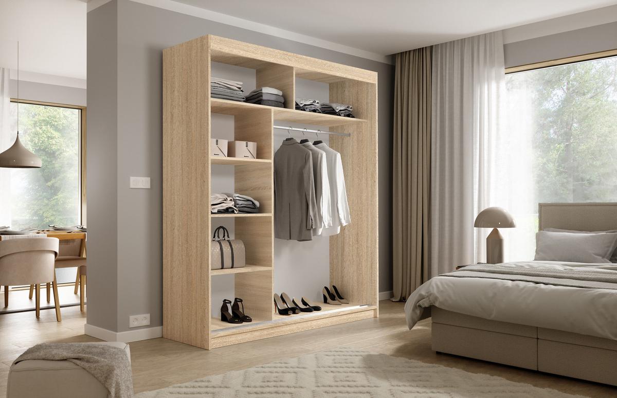 SCHWEBETÜRENSCHRANK VIVA 180/215,5/59cm 2-türig mit Spiegel Sonoma Eiche - Sonoma Eiche, Holzwerkstoff (180/215.5/59cm) - MASSENO