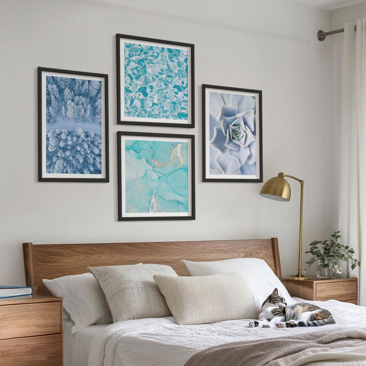 BILDER SET 4er Set - 50x50 cm & 40x60 cm Schwarzer Rahmen - Winterwald-Blaublume - Schwarz, Kunststoff (50/50cm) - TULUP