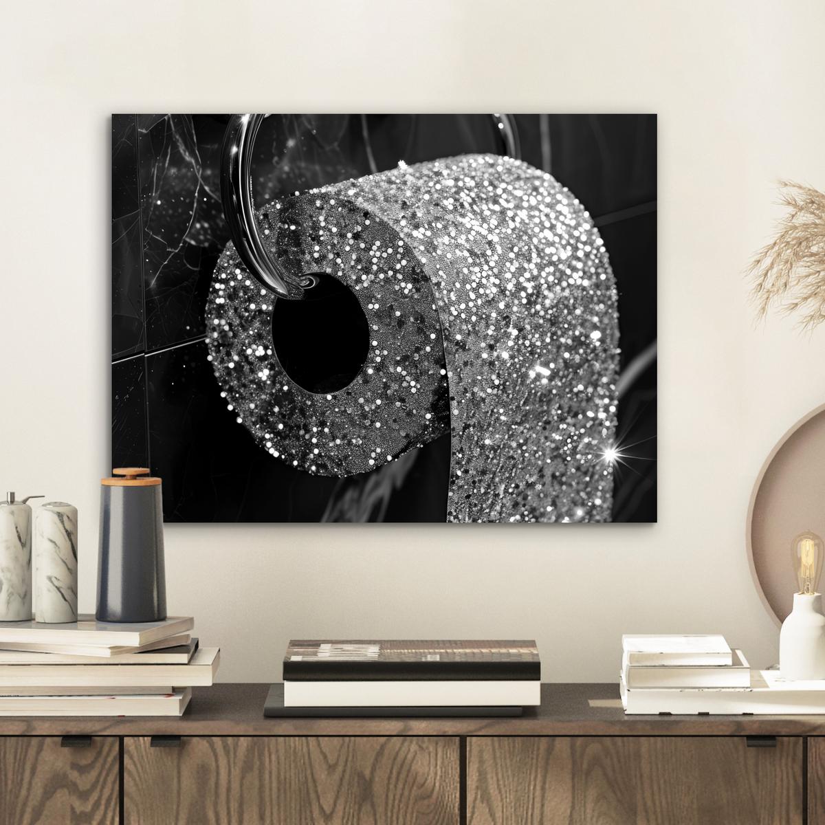 METALLBILD WC - Toilettenpapier - Schwarz und weiß - Glitter 40x30 cm - Silberfarben, Metall (40/30cm) - MuchoWow