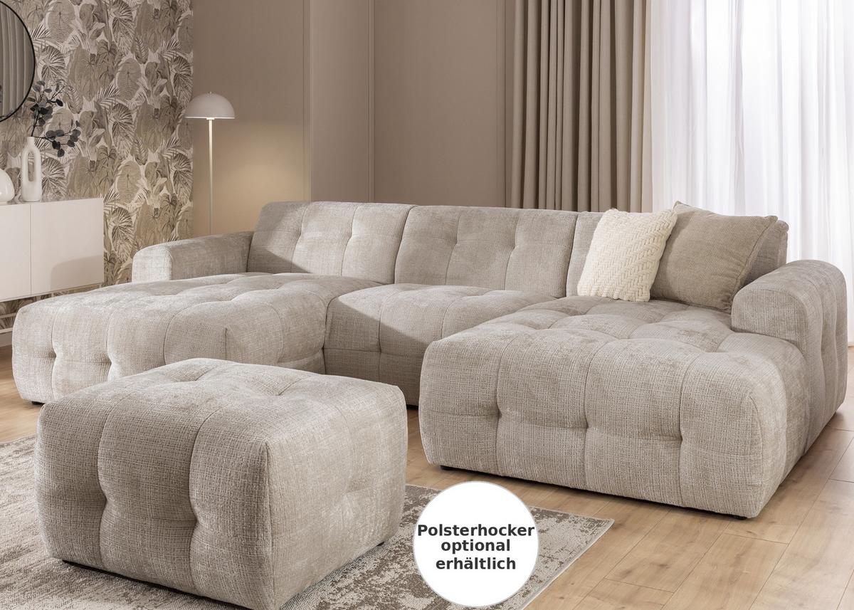 WOHNLANDSCHAFT in U-Form mit raffinierten Steppungen, 6-Sitzer, Wellenunterfederung, B323/T161/H79 cm, Chenille-Bezug in Sandgrau / 21048 - Sandfarben/Greige, Kunststoff/Textil (323/79/161cm) - luma-home
