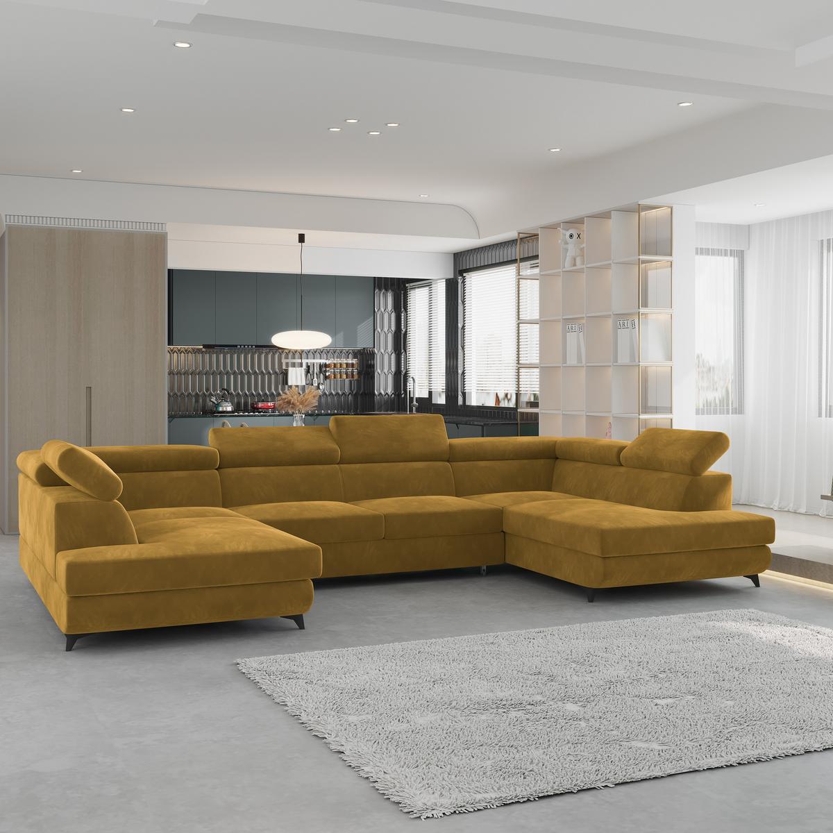 WOHNLANDSCHAFT VINTESSA Gelb Velours-Stoff mit Schlaffunktion - Gelb, Holz (323/89/190cm) - MASSENO