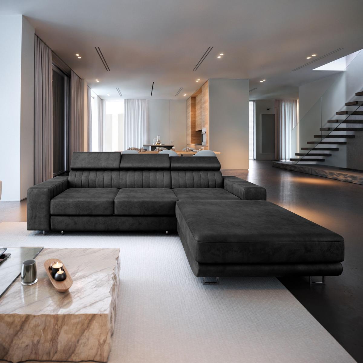 ECKSOFA NOTO L-S Schwarz Velours-Stoff mit Schlaffunktion - Silberfarben/Schwarz, Holz/Textil (267/190cm) - MASSENO