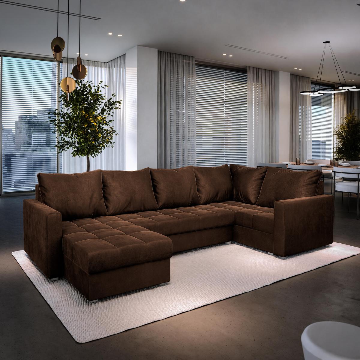 WOHNLANDSCHAFT LORIVO R-S Braun Plüsch-Stoff mit Schlaffunktion - Braun/Grau, Holz/Kunststoff (285/85/150cm) - MASSENO