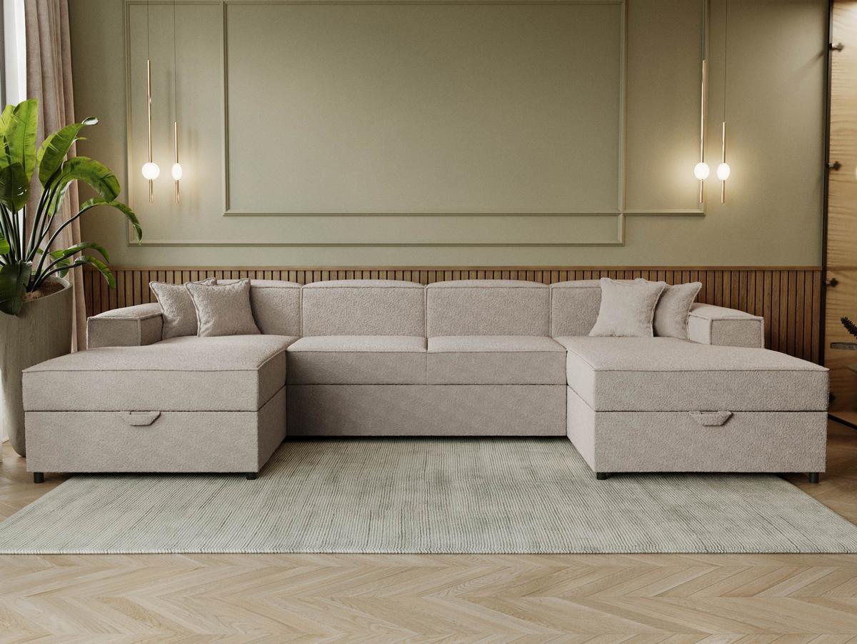WOHNLANDSCHAFT Santos U Boucle - Beige/Schwarz, Holzwerkstoff/Kunststoff (320/79/166cm) - MIRJAN24