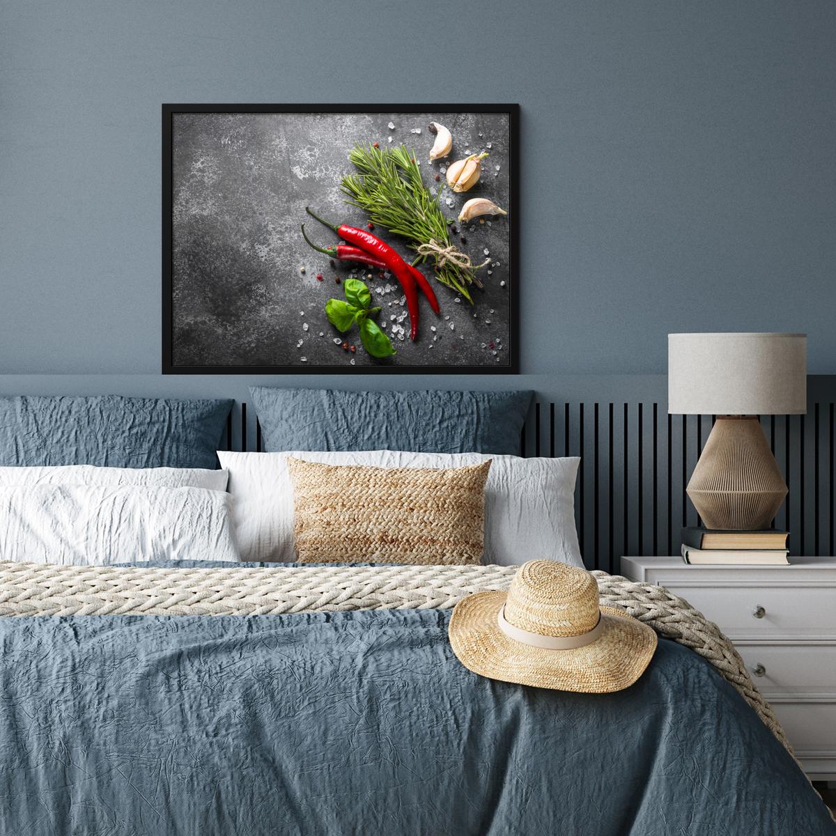 POSTER MIT RAHMENGERAHMTES BILD Pfeffer - Kräuter - Gewürze - Beton 80x60 cm - Dunkelgrau, Papier (80/60cm) - MuchoWow