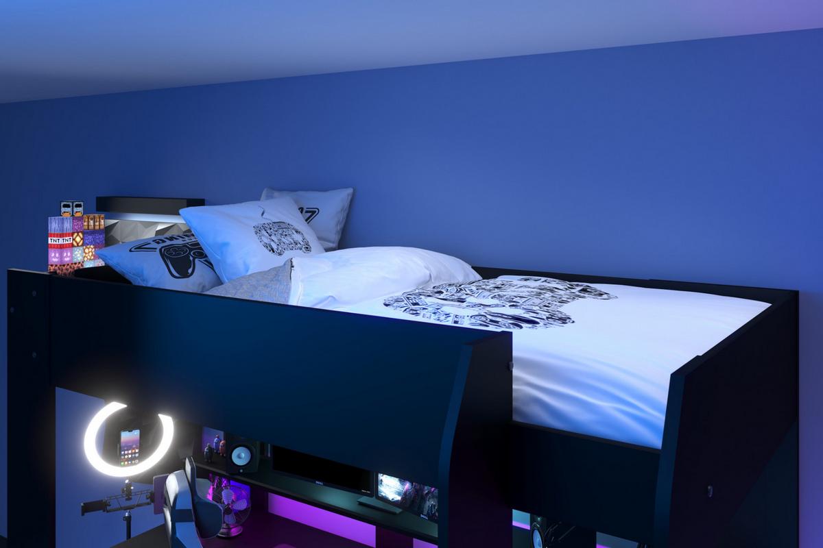 HOCHBETT Jugendzimmer mit Schreibtisch Bett 90x200 cm inkl. LED - Schwarz, Holz/Holzwerkstoff (90/200cm) - Parisot Meuble