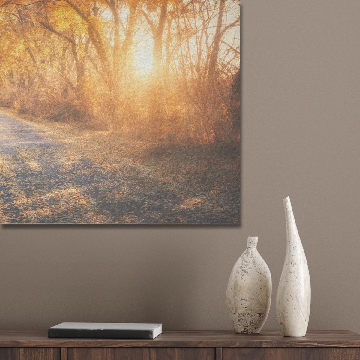 AKUSTIKBILD Wald - Herbst - Bäume - Waldweg - Natur Akustikpaneele 90x60 cm - Bernsteinfarben, Kunststoff (90/60/0.9cm) - MuchoWow