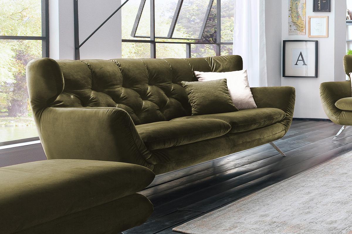 SOFA CHARME Grün Velvet - Schwarz/Olivgrün, Textil (225/94/95cm) - KAWOLA
