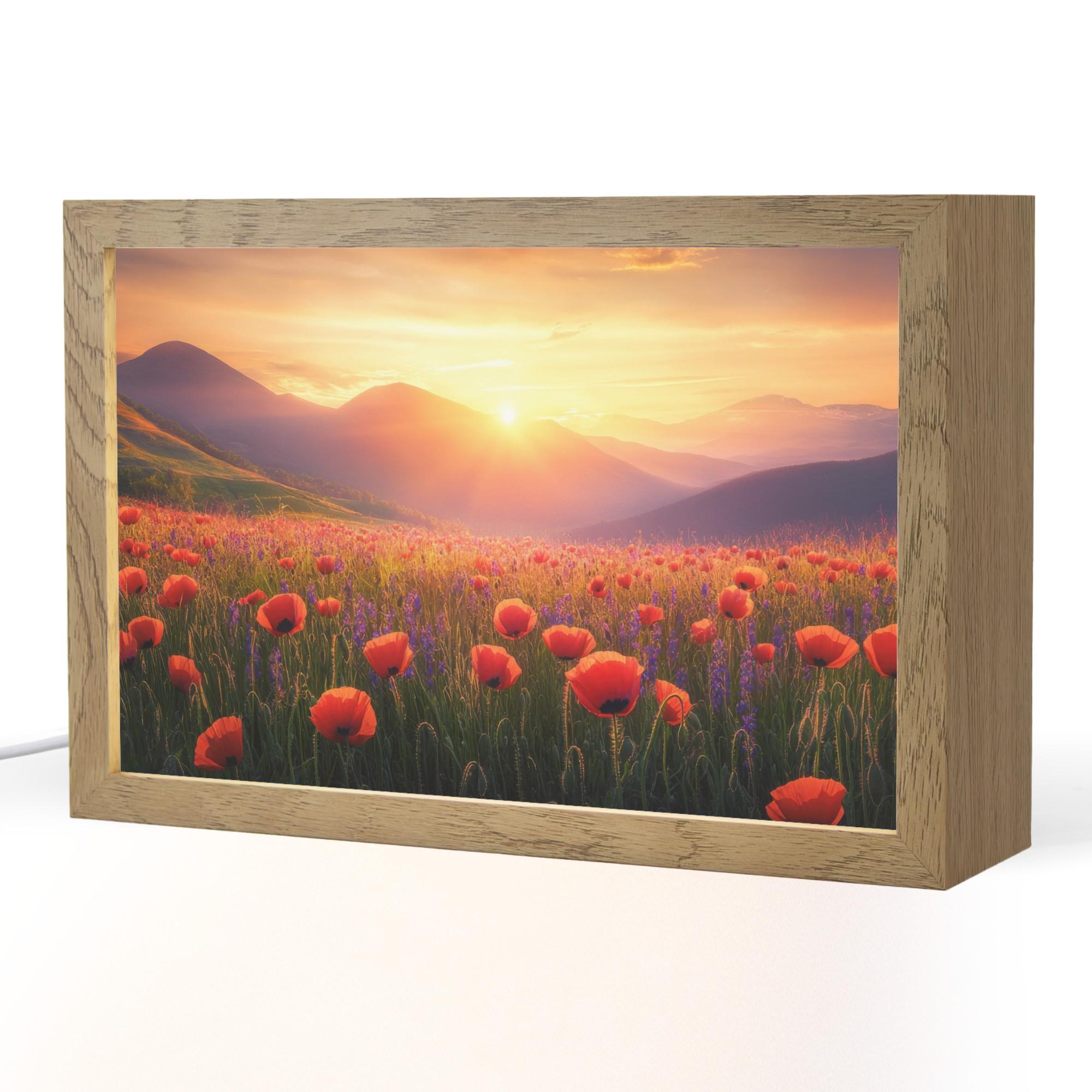 TISCHLEUCHTE Landschaft - Sonnenuntergang - Blumenfeld 30x20 cm - Dunkelblau, Holzwerkstoff (8/30/20cm) - OnlyWow