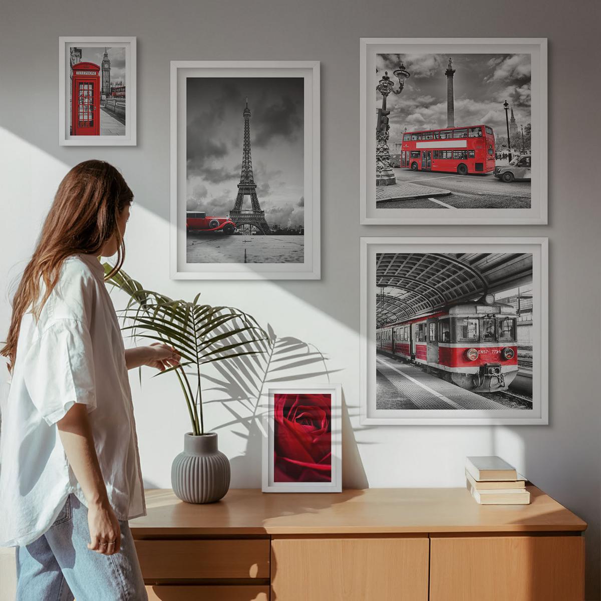 BILDER SET 5er Set - 50x50 cm & 20x30 cm & 40x60 cm Weißer Rahmen - Ikonische Städte London Paris Eisenbahn - Weiß, Kunststoff (40/60cm) - TULUP