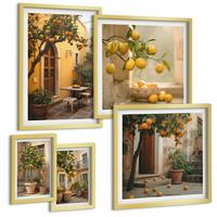 BILDER SET 5er Set - 50x50 cm & 20x30 cm & 40x60 cm Goldrahmen - Terrasse mit Zitrusbäumen - Goldfarben, Kunststoff (40/60cm) - TULUP