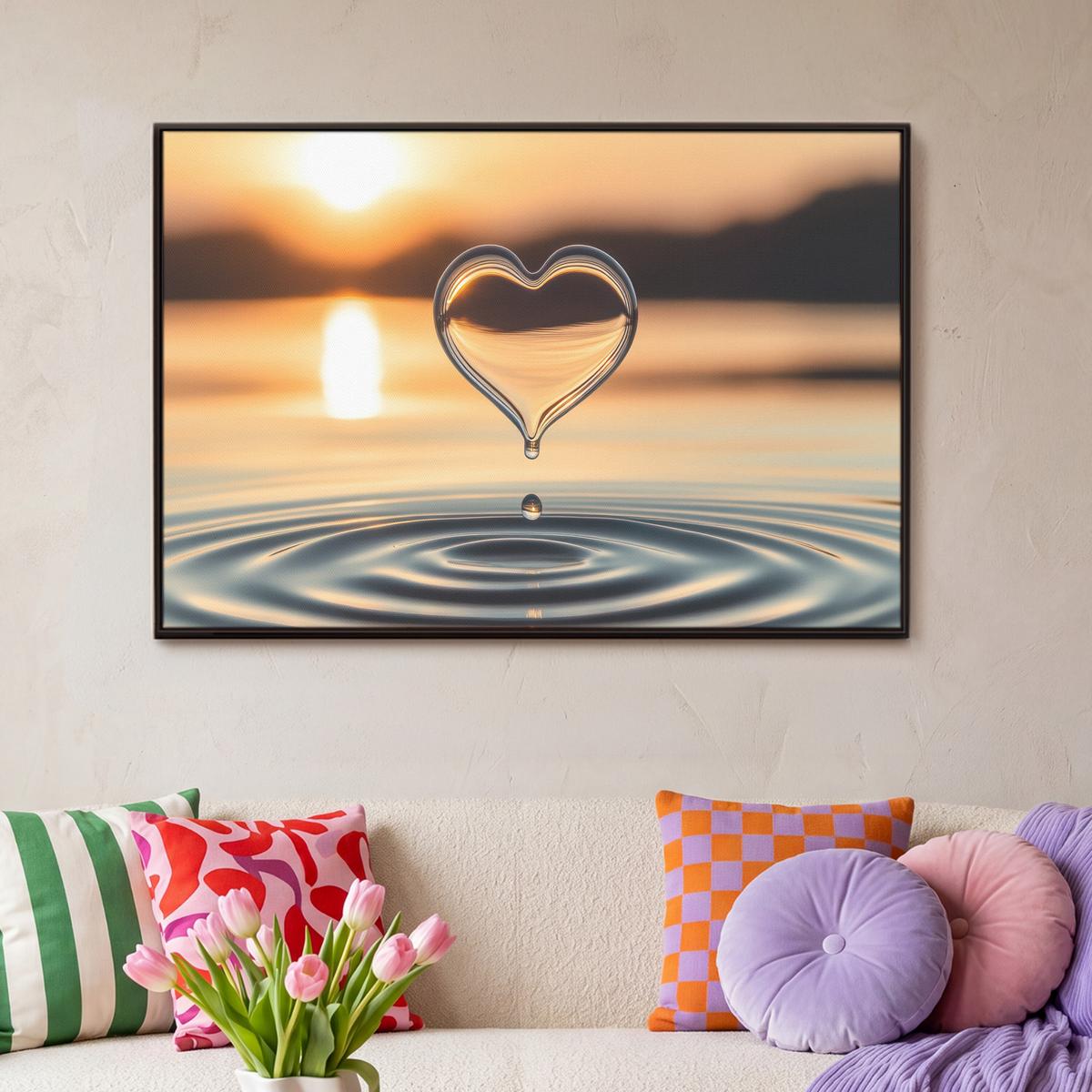 LEINWAND Bilder mit Rahmen - Herz - Wasser - Sonnenuntergang - Natur - Zen - 90x60 - Bernsteinfarben, Textil (90/60cm) - MuchoWow