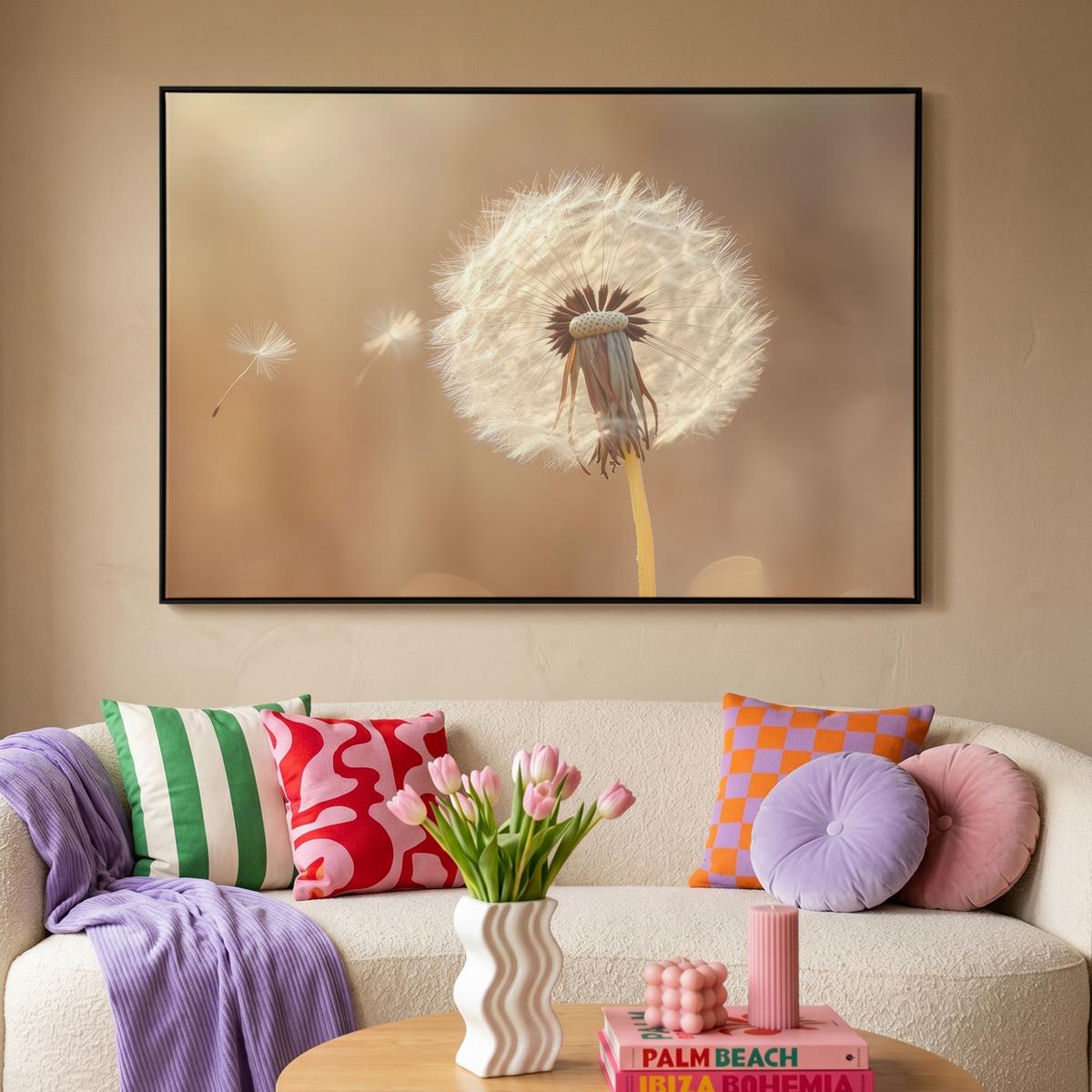 LEINWAND Bilder mit Rahmen - Löwenzahn - Beige - Natur - Blume - 120x80 - Hellbraun, Textil (120/80cm) - MuchoWow