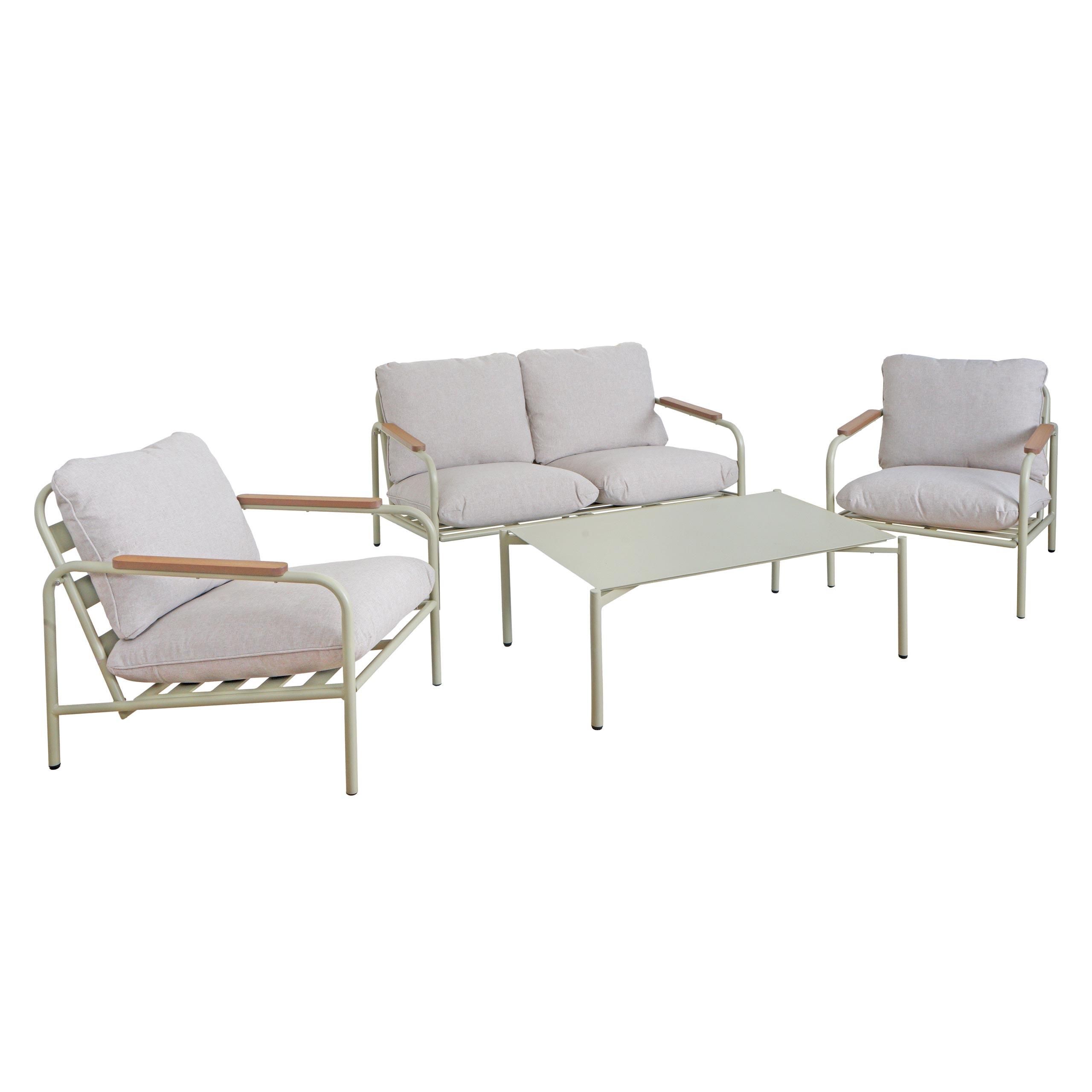 GARTENGARNITUR Hellgrün, Beige 1x 2-Sitzer Gartenbank, 2x Sessel und 1x Tisch-Set - Beige/Hellgrün, Metall - MCW