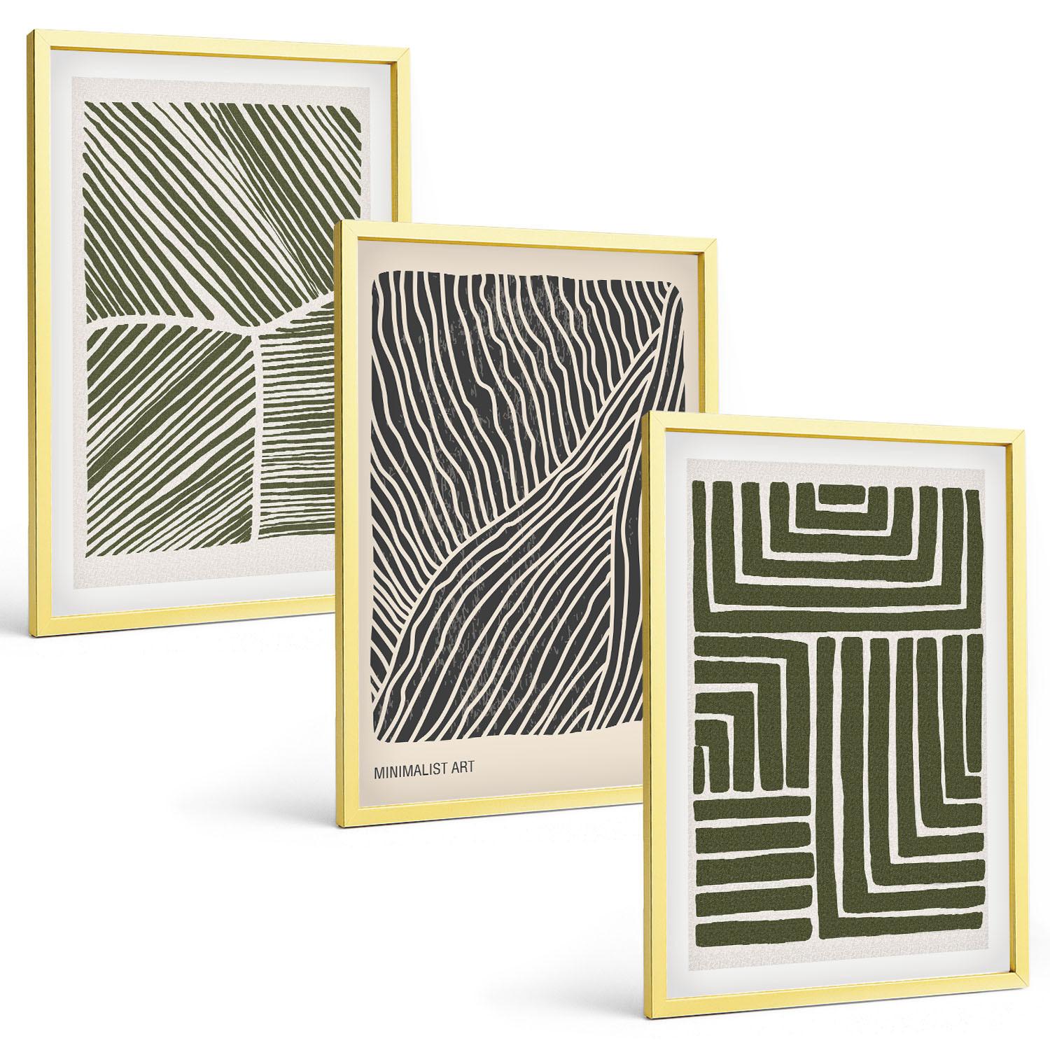 BILDER SET 3er Set - 40x60 cm Goldrahmen - Muster Linien Formen grün - Goldfarben, Kunststoff (40/60cm) - TULUP