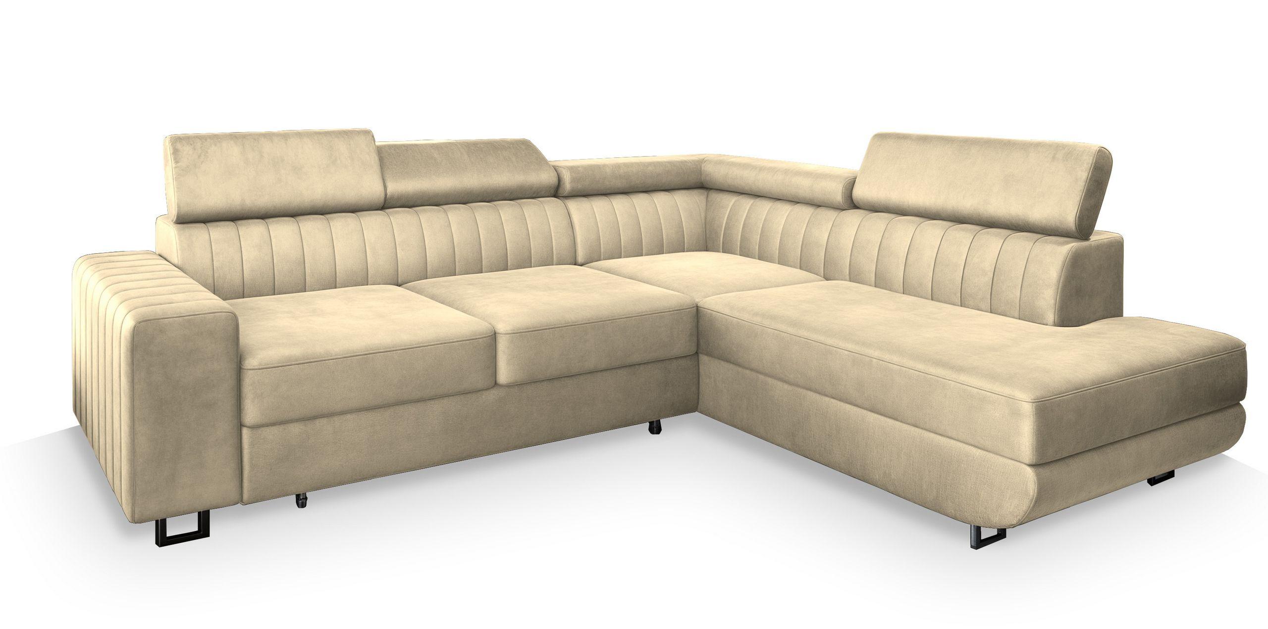 ECKSOFA NOLA R-S Creme Velours-Stoff mit Schlaffunktion - Silberfarben/Creme, Holz/Textil (253/190cm) - MASSENO