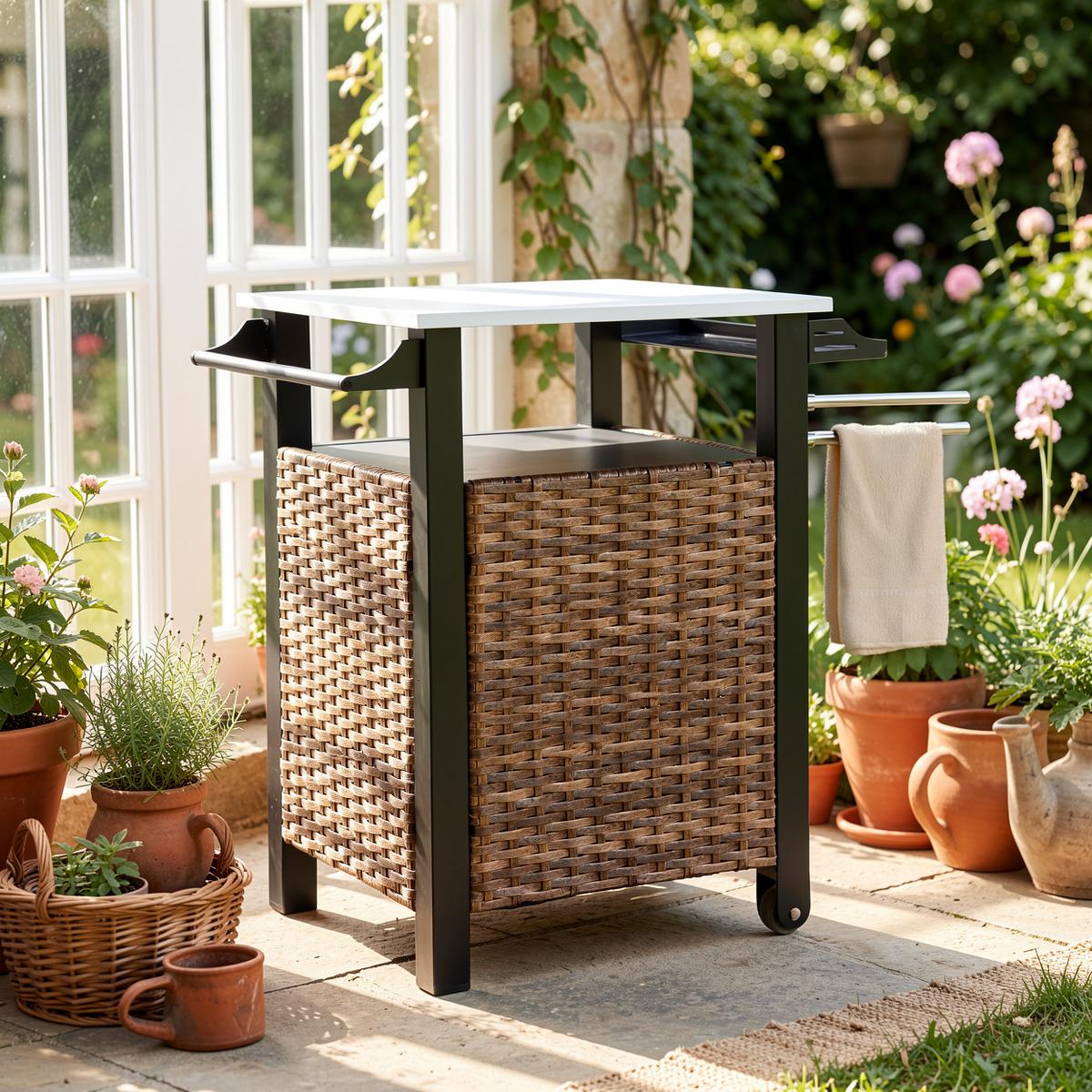 GARTENBEISTELLTISCH 76 cm Braun – Outdoor Servierwagen mit Edelstahlplatte & Rollen - Braun, Metall (57/76/85cm) - Urban Meuble
