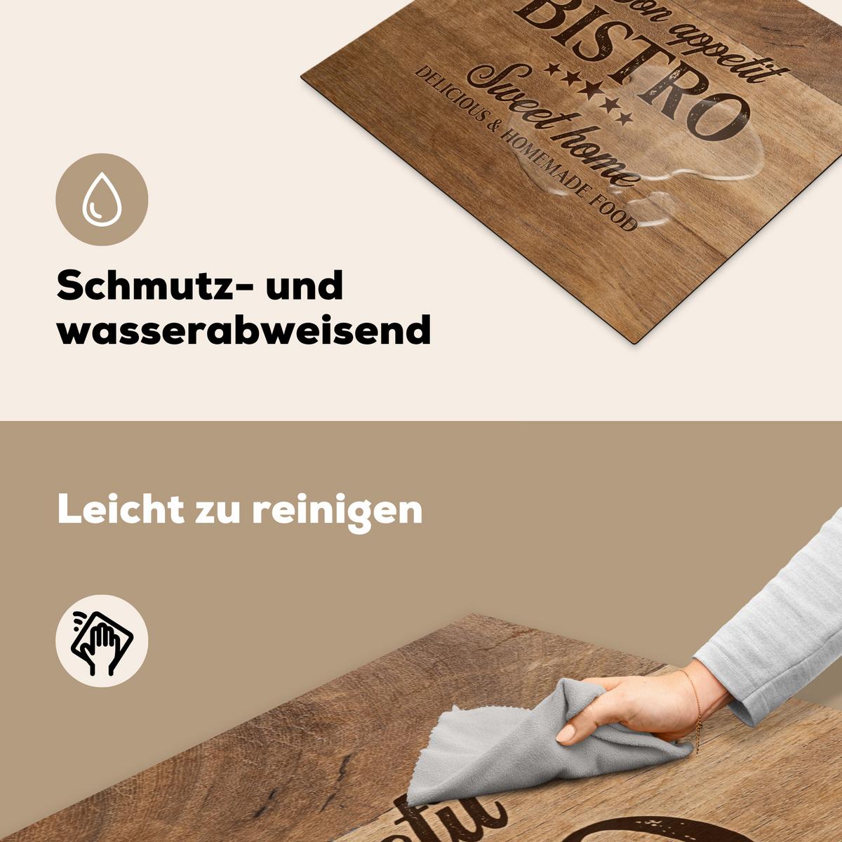 HERDABDECKPLATTE Zitat - Bistro - Guten Appetit - Süßes Zuhause - Holzmaserung Abdeckung Ceranfeld 58.3x51.3 cm - Braun, Kunststoff (58.3/51.3/0.2cm) - MuchoWow