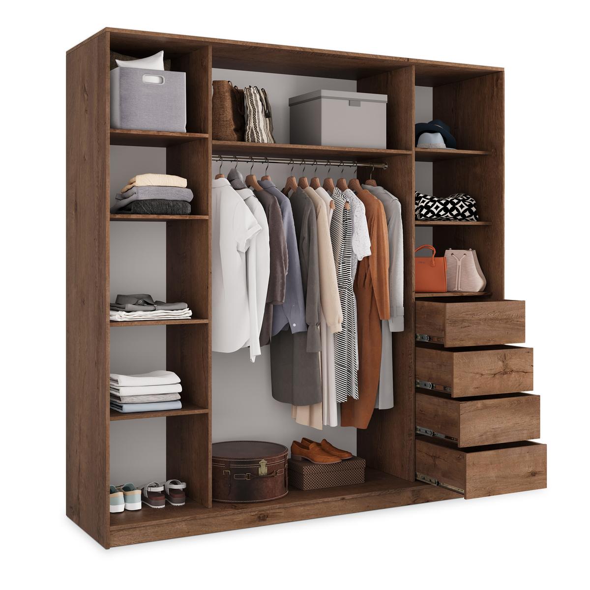 SCHWEBETÜRENSCHRANK NATA 200/205/58 cm 3-türig mit Spiegel und 4 Schubladen Schwarz - Eichefarben/Schwarz, Holzwerkstoff (200/205/58cm) - MASSENO