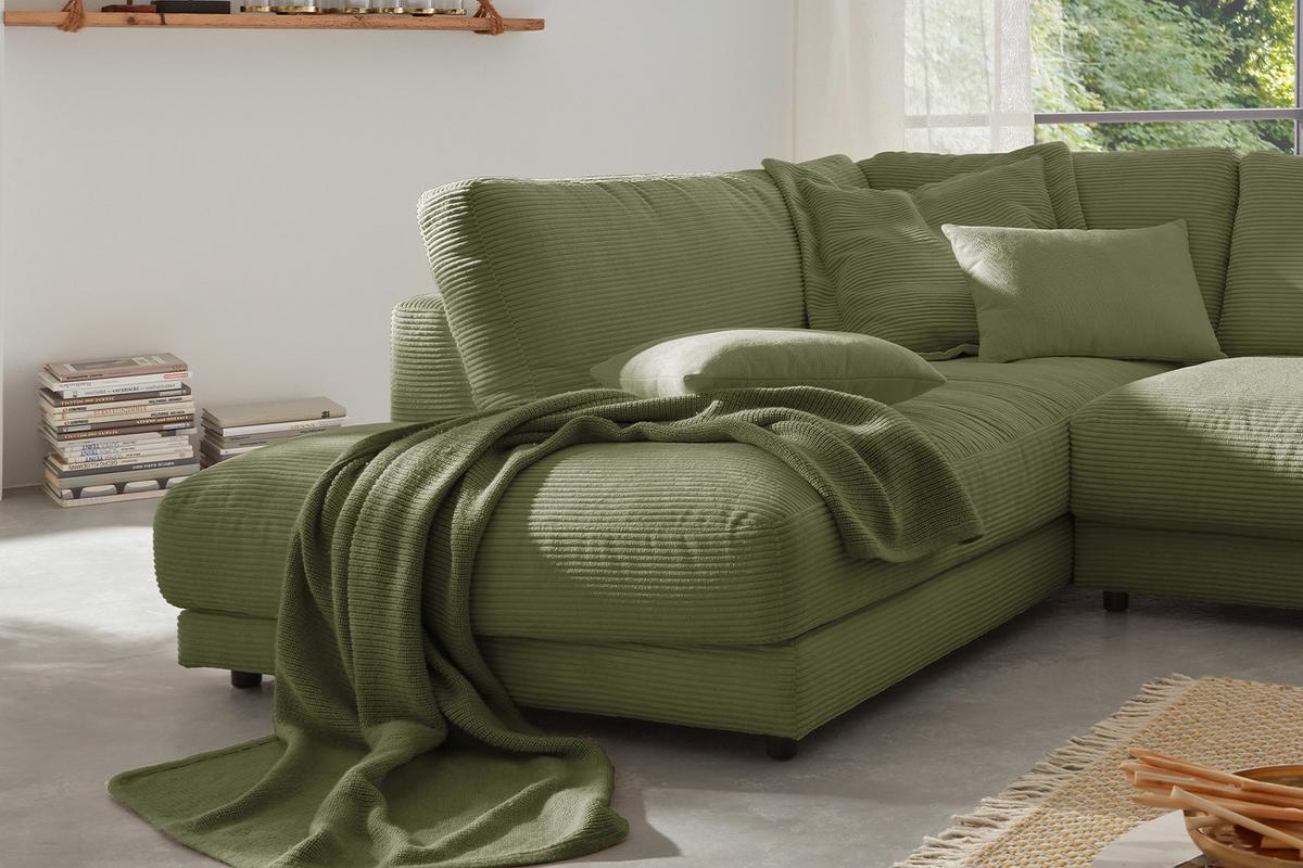 ECKSOFA MADELINE Grün Cord - Schwarz/Olivgrün, Kunststoff/Textil (325/224cm) - KAWOLA