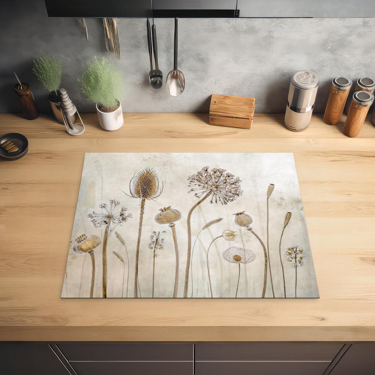 HERDABDECKPLATTE Blumen - Aquarell - Stilleben - Braun - Vintage Herdabdeckung Induktionsfeld 65x52 cm - Sandfarben, Kunststoff (65/52/0.2cm) - MuchoWow